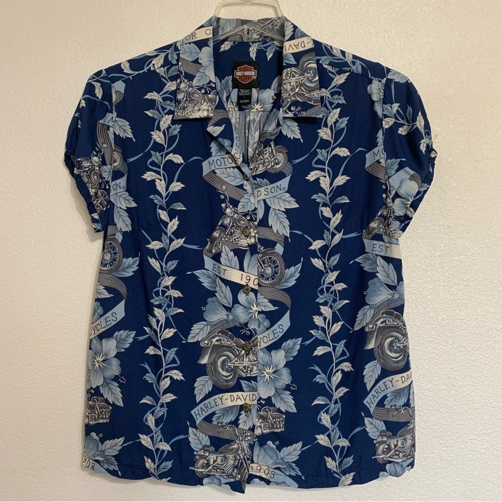 Harley Davidson Blue Floral Hawaiian Motorcycle Button Up Shirt Blouse Large